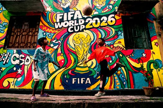Telefoon met stand fifa wk 2026 op een terras in het centrum van Cuijk